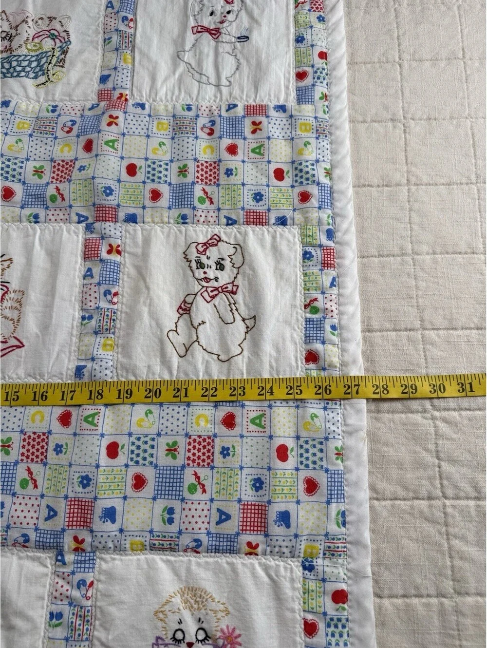 Vintage Handmade Baby Quilt Embroidered Kittens Cats Nursery 27x34 Patchwork